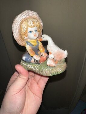 Vintage ceramic farm boy and goose gosling blue overalls good condition